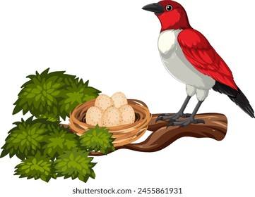 Red and white bird standing beside a nest of eggs.