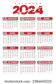 Red, White and Black 2024 wall calendar template schedule vector 