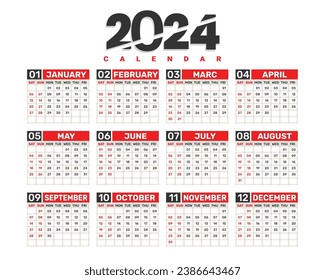 Red, White and Black 2024 wall calendar template schedule vector 