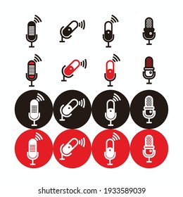red, white and black capsule microphone icon and silhouette set - capsule microphone set with lightning and connection sign for broadcast or podcast isolated on white, black and red circle
