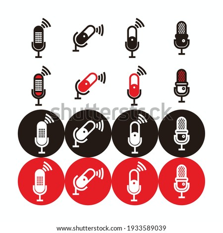 red, white and black capsule microphone icon and silhouette set - capsule microphone set with lightning and connection sign for broadcast or podcast isolated on white, black and red circle