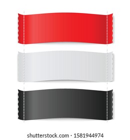 Red, White and Black Clothing Label on White Background. Clothing Fabric Tag Stitch, Realistic Bright Blank Badges with Copy Space for Text. Textile Clothing Label Collection