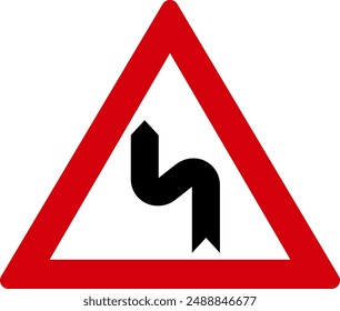 Rote, weiße und schwarze dreiecksförmige Warnschild Doppelkurve vor Beginn links. Illustration vom 14. Juli 2024, Zürich, Schweiz.