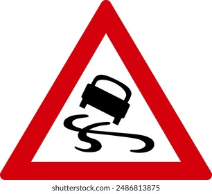Red, white and black colored warning sign slippery road ahead. Illustration made July 9th, 2024, Zurich, Switzerland.