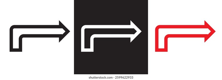 Red, white and black curved arrow pointing icon. Direction symbol. Arrow symbol for app, UI, web. Vector illustration. isolated on white and black background. EPS 10