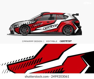 Red, white, black hatchback car wrap design suitable for promoting car customization services or advertising a car dealership. Bold, eye catching design.