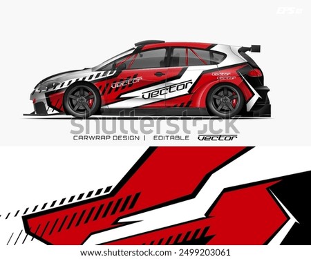 Red, white, black hatchback car wrap design suitable for promoting car customization services or advertising a car dealership. Bold, eye catching design.