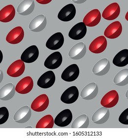 Red White Black Hemispheres Seamless Pattern, 3D Illustration on Gray Background
