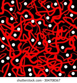 Red - white - black, high contrasting modern seamless background with red scribble patterns and white dots