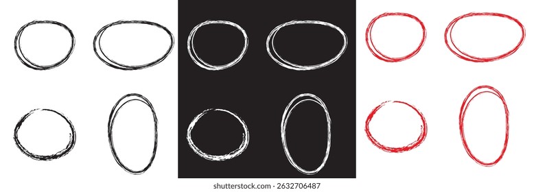 Red , white, and black highlight oval crayon or chalk shapes set. Sketchy pen , pencil or marker hand drawn rough ellipse circles design with grunge style. Vector illustration. EPS 10