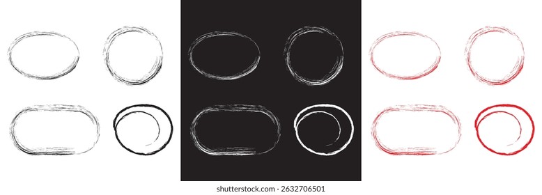 Red , white, and black highlight oval crayon or chalk shapes set. Sketchy pen , pencil or marker hand drawn rough ellipse circles design with grunge style. Vector illustration. EPS 10