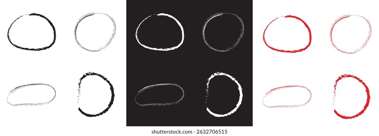 Red , white, and black highlight oval crayon or chalk shapes set. Sketchy pen , pencil or marker hand drawn rough ellipse circles design with grunge style. Vector illustration. EPS 10