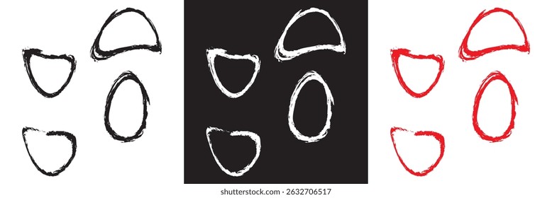 Red , white, and black highlight oval crayon or chalk shapes set. Sketchy pen , pencil or marker hand drawn rough ellipse circles design with grunge style. Vector illustration. EPS 10