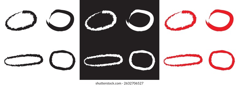 Red , white, and black highlight oval crayon or chalk shapes set. Sketchy pen , pencil or marker hand drawn rough ellipse circles design with grunge style. Vector illustration. EPS 10