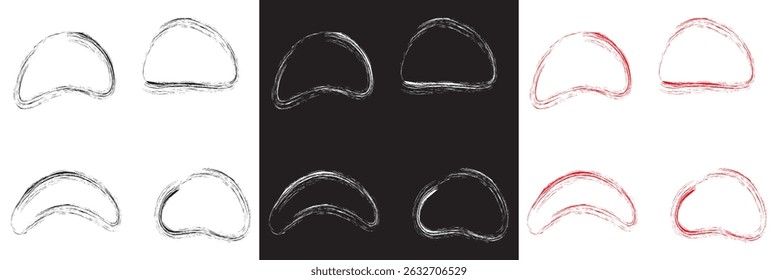 Red , white, and black highlight oval crayon or chalk shapes set. Sketchy pen , pencil or marker hand drawn rough ellipse circles design with grunge style. Vector illustration. EPS 10
