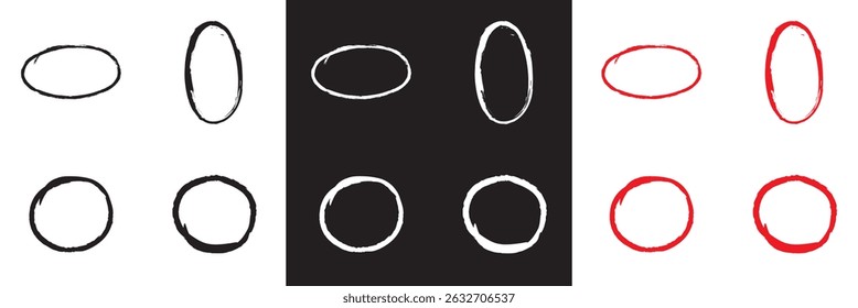 Red , white, and black highlight oval crayon or chalk shapes set. Sketchy pen , pencil or marker hand drawn rough ellipse circles design with grunge style. Vector illustration. EPS 10