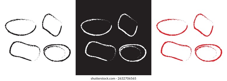 Red , white, and black highlight oval crayon or chalk shapes set. Sketchy pen , pencil or marker hand drawn rough ellipse circles design with grunge style. Vector illustration. EPS 10