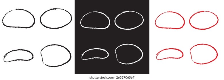 Red , white, and black highlight oval crayon or chalk shapes set. Sketchy pen , pencil or marker hand drawn rough ellipse circles design with grunge style. Vector illustration. EPS 10