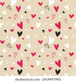 Red, white, and black love heart seamless pattern hand-drawn illustration. Cute romantic chaotic hearts on beige background. Valentine's Day holiday backdrop vector.  Print on textile. Wrapping paper