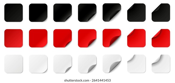 Red white and black paper square stickers with peeling corner and shadow, paper stickers square with rounded edges adhesive, set square paper curved corner, isolated rounded plastic mockup