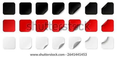 Red white and black paper square stickers with peeling corner and shadow, paper stickers square with rounded edges adhesive, set square paper curved corner, isolated rounded plastic mockup