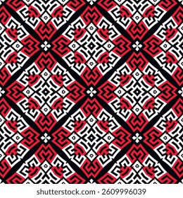 Red white black seamless geometric pattern with traditional ethnic tribal motifs, greek key meander, mazes, rhombus. Ideal for textile prints, wallpapers, packaging, and digital backgrounds. Vector.