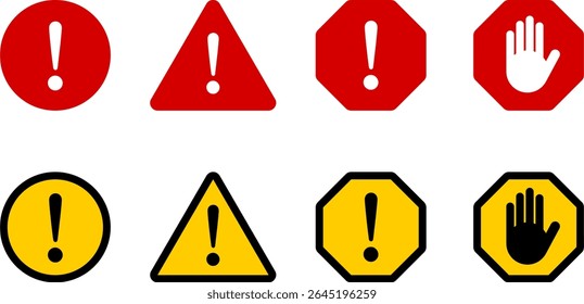 Red White Black Yellow Round Circle Octagonal and Triangular Warning or Attention Caution Sign with Exclamation Mark and Stop Hand Symbol Flat Icon Set. Vector Image.