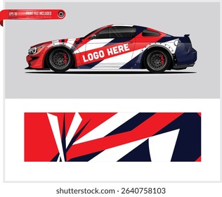 Red, white, and blue abstract racing car wrap design template. Print file included.
