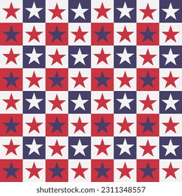 Red, white and blue American checkered stars seamless pattern. For independence day, fourth of July background, posters, fabric and  home décor 