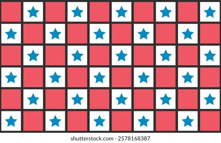 Red, white and blue American checkered stars seamless pattern. For independence day, fourth of July background, posters, fabric and home decor.