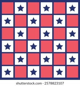 Red, white and blue American checkered stars seamless pattern. For independence day, fourth of July background, posters, fabric and home decor.