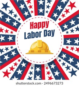 Red, white, blue American flag, construction helmet, Happy Labor Day celebration. Suitable for Labor Day promotional materials or patriotic designs. Layered EPS Vector