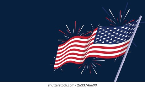 A red, white, and blue American flag with a blue background. The flag is waving in the wind