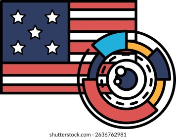 A red, white, and blue American flag is shown with a circle around it. The circle is filled with stars and has a lens in the center. Concept of curiosity and exploration