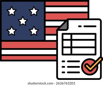 A red, white, and blue American flag is displayed next to a check mark on a piece of paper