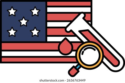 A red, white, and blue American flag with a magnifying glass on it. The flag is surrounded by stars and the magnifying glass is on the right side of the flag