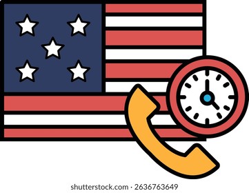 A red, white, and blue American flag with a clock on it. The clock is showing the time as 10:00