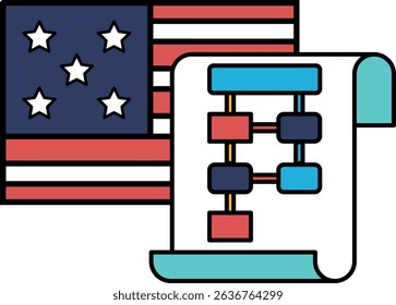A red, white, and blue American flag is shown next to a diagram. The flag is a symbol of the United States and represents freedom and democracy. The diagram, on the other hand