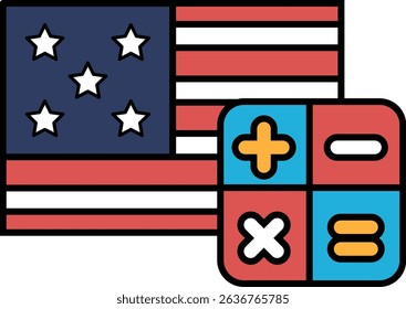 A red, white, and blue American flag with stars and a calculator with numbers on it