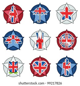 red, white and blue badges with great britain motifs, isolated on white