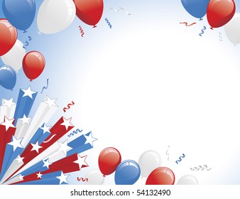 Red White Blue Balloons and 3D star burst. Horizontal layout version.