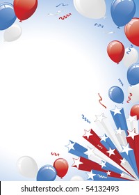 Red White Blue Balloons and 3D star burst. Vertical layout version.