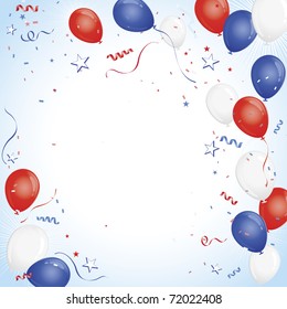 Red white and blue balloons with confetti around vignetted blue copy space