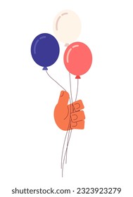 Globos rojos blancos y azules sosteniendo una mano vectorial semi-plana y colorida. Día de la Independencia, estados unidos. Partido patriotismo. Imágenes prediseñadas editables en blanco. Ilustración simple de dibujos animados para el diseño gráfico web