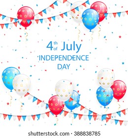 Red white and blue balloons, pennants and confetti on white background, theme of Independence Day, illustration.