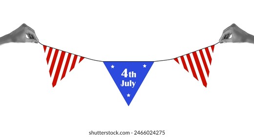 Red, white, and blue banner with 4th of July written across against white background. Vector illustration. Banner. Independence Day of America, history, patriotism, holiday