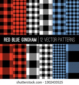 Red, White and Blue Buffalo Check and Gingham Plaid Vector Patterns. Hipster Lumberjack Flannel Shirt Fabric Textures. Patriotic Colors Backgrounds. Repeating Pattern Tile Swatches Included.