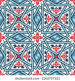 Red, white and blue ceramic tiles design. Arabic traditional geometric elements mixed with abstract floral elements. Retro vintage style. Seamless vector pattern. Great as a texture or background.