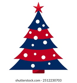 A red, white, and blue Christmas tree topped with a red star
