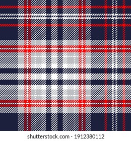 Red, White And Blue Classic Tartan Plaid Design. Seamless Vector Check Pattern Suitable For Fashion Or Interiors